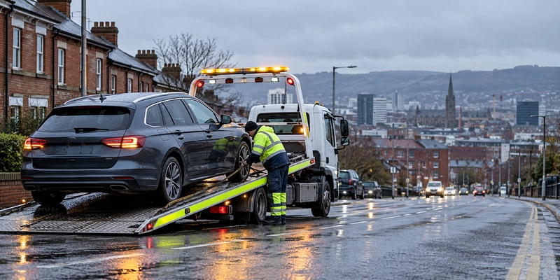 Recovery truck helping a broken down car in Belfast